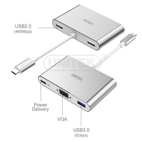 Cáp chuyển USB Type C ra VGA + USB 3.0 Unitek chính hãng